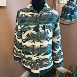 Women's Patterned Jacket - Teal, white and gray.